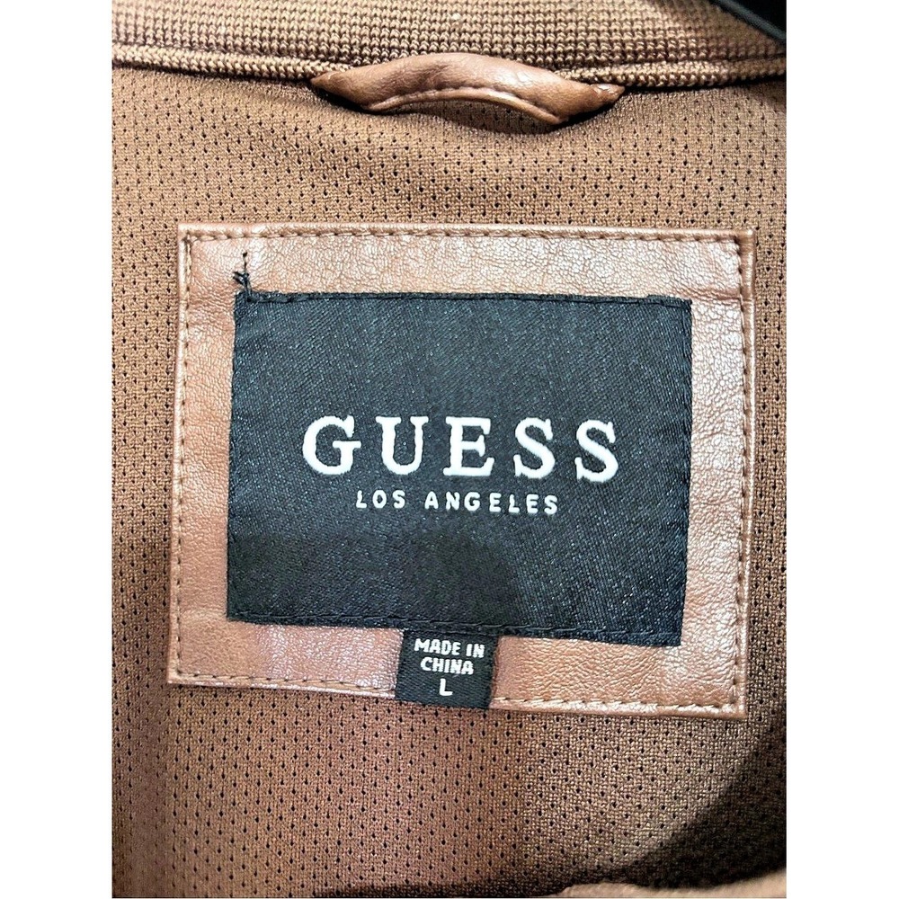GUESS Brown Faux Leather Moto Jacket Mens Large Zip Front Snap Collar 119AU407 - Picture 3 of 9